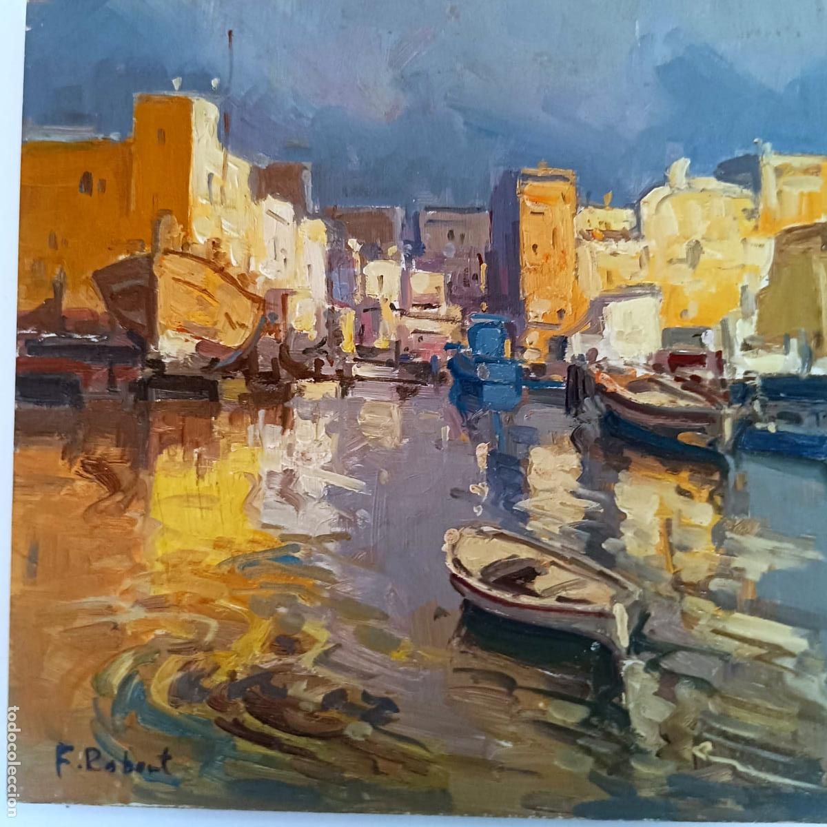 Arte: &Oacute;leo de puerto mar&iacute;timo firmado F. Robert sobre tabla 20x20 cm