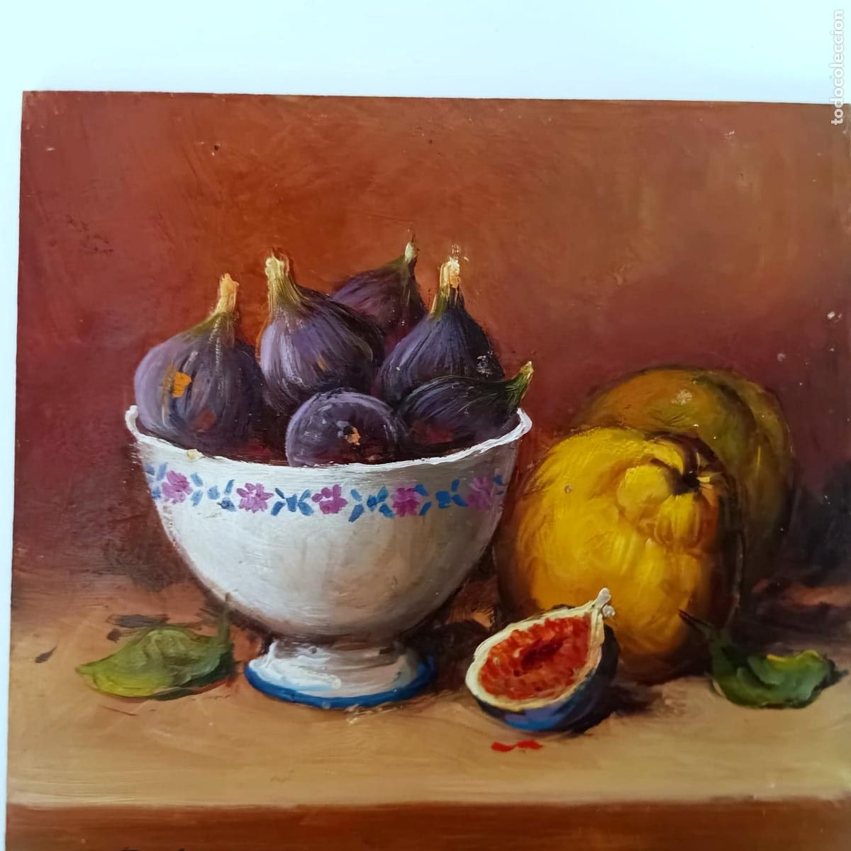 Arte: &Oacute;leo sobre tabla. Bodeg&oacute;n con higos y calabaza. Rafael Lara. 20x20 cm