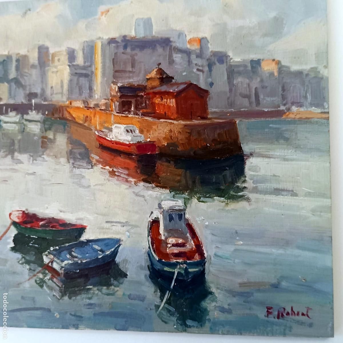 Arte: &Oacute;leo sobre tabla. Muelle con barcas. Firmado F. Robert. 20 x 20 cm