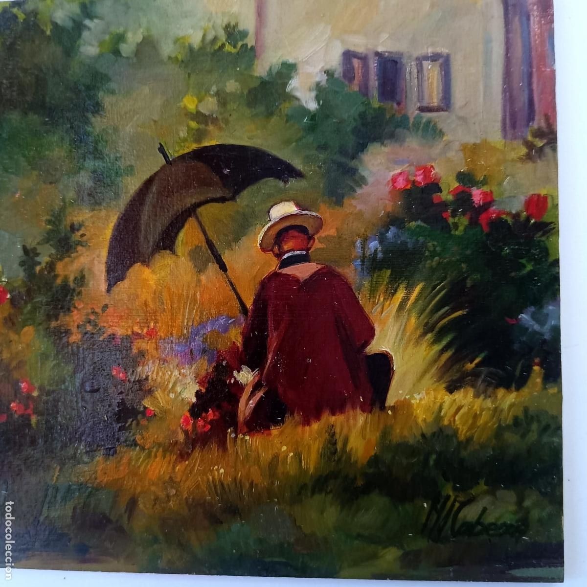 Arte: &Oacute;leo sobre tabla. Jard&iacute;n con figura y paraguas. M Cabezas. 20 x 20 cm