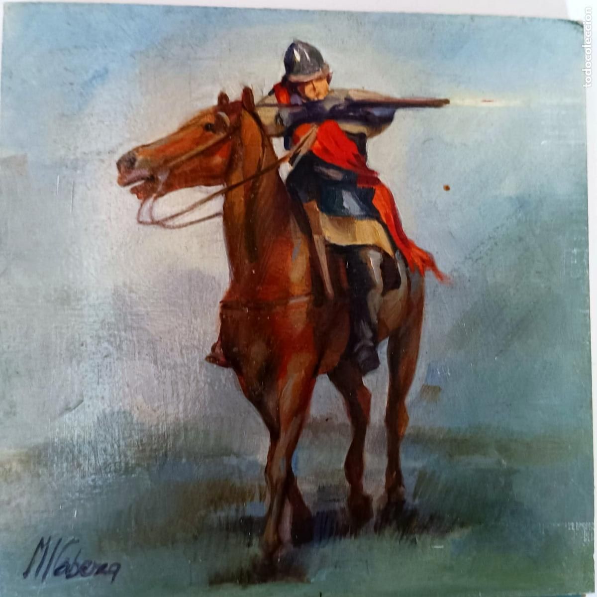 Arte: &Oacute;leo sobre tabla. Caballero a caballo. M Cabezas. 20x20 cm