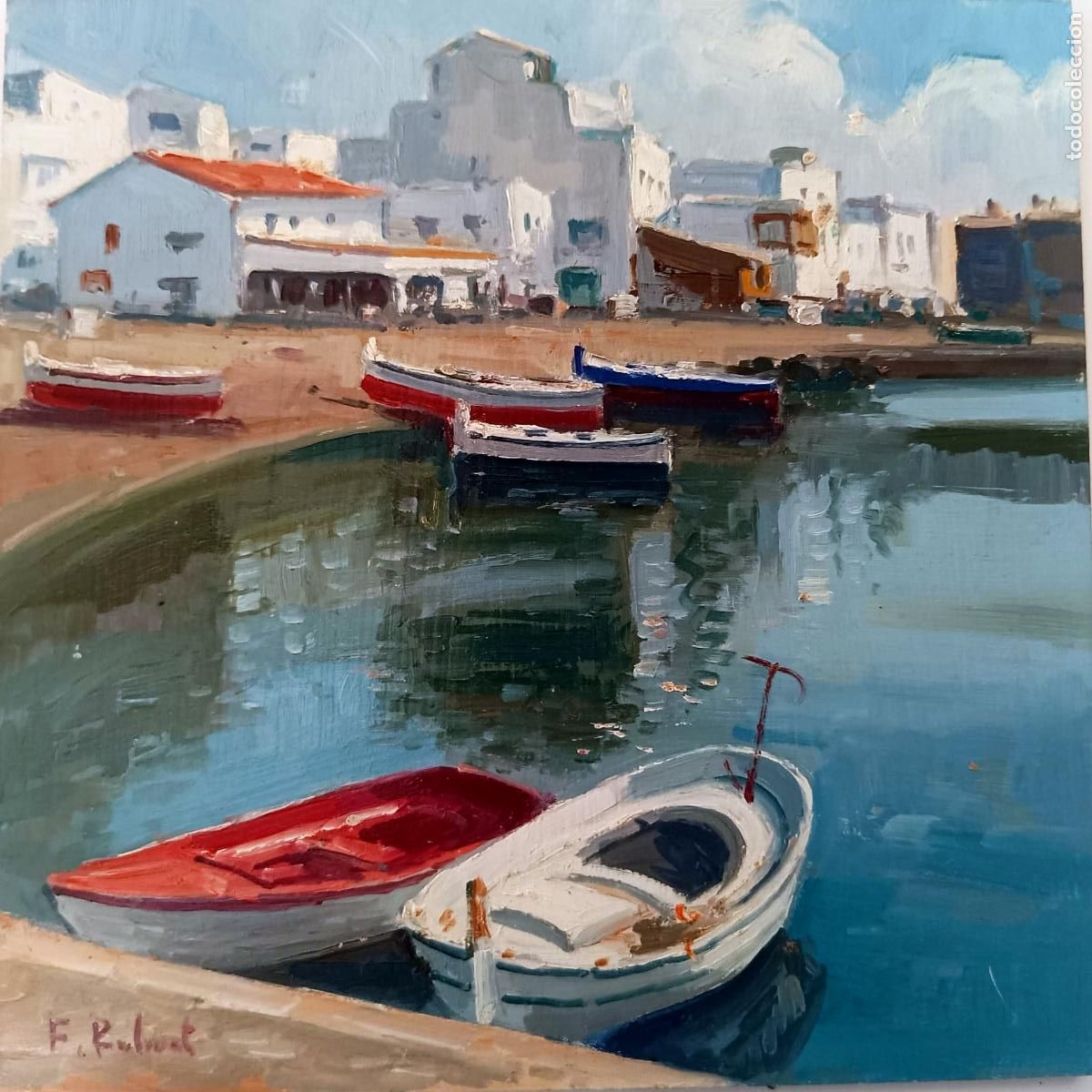Arte: &Oacute;leo sobre tabla. Puerto con barcas. F. Robert. 20x20 cm