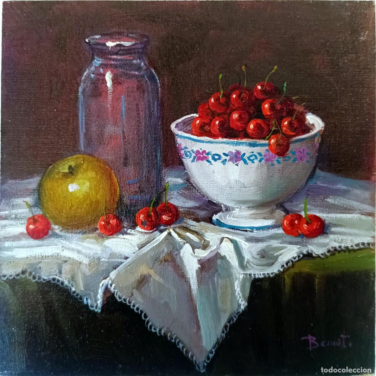 Arte: &Oacute;leo sobre tabla. Bodeg&oacute;n con cerezas y manzana. Bernet. 20 x 20 cm