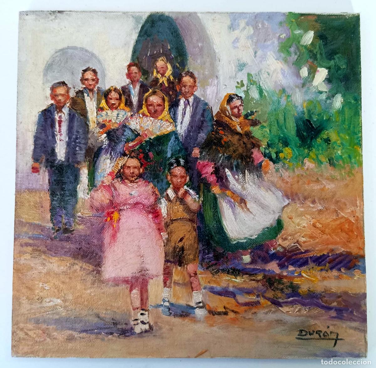 Arte: &Oacute;leo sobre tabla. Familia en paseo. Firmado Duran. 20 x 20 cm