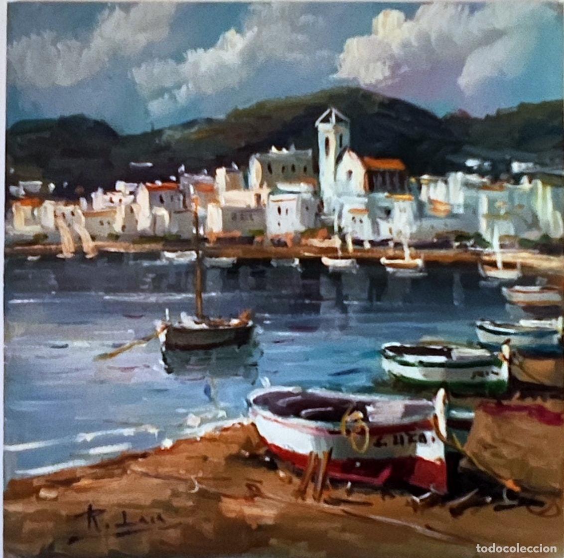 Arte: &Oacute;leo de Rafael Lara. Paisaje marino con embarcaciones. 20 x 20 cm