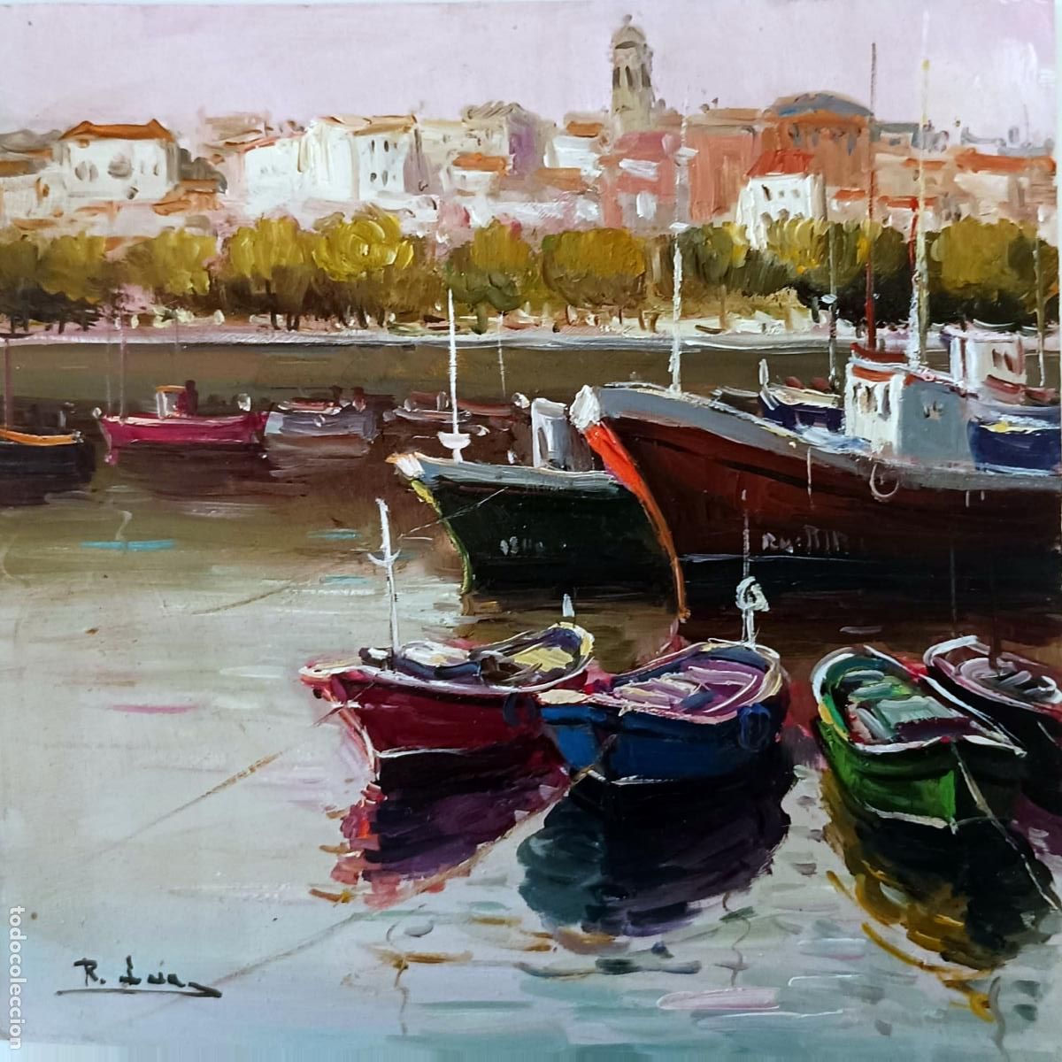 Arte: &Oacute;leo de Rafael Lara. Barcos en puerto con ciudad de fondo. 20x20 cm