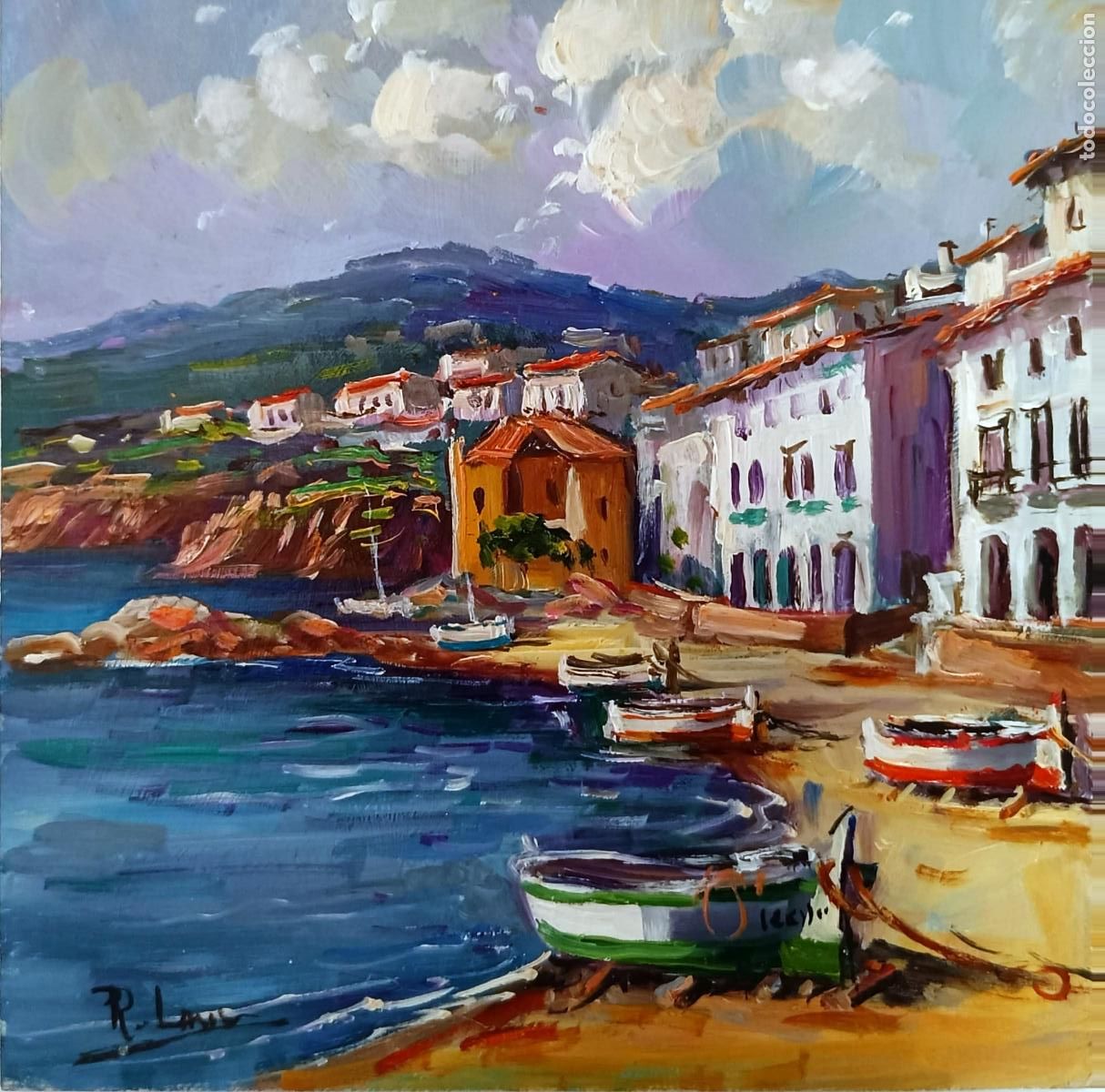Arte: &Oacute;leo sobre tabla. Paisaje mar&iacute;timo. Rafael Lara. 20 x 20 cm
