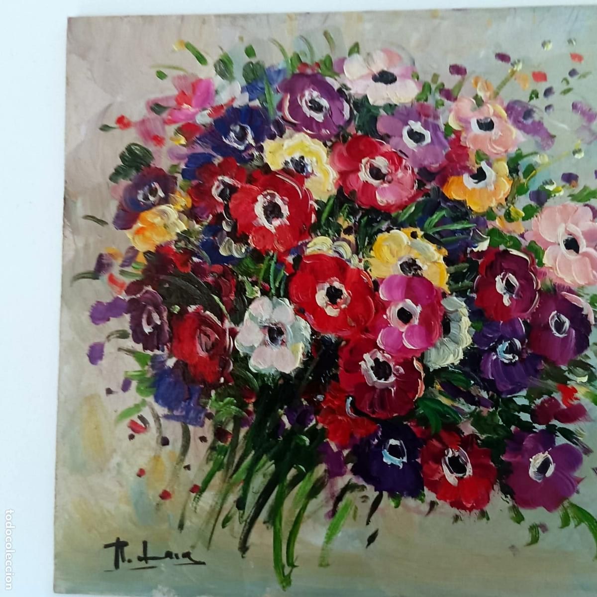 Arte: &Oacute;leo sobre tabla. Ramo de flores. Rafael Lara. 20 x 20 cm