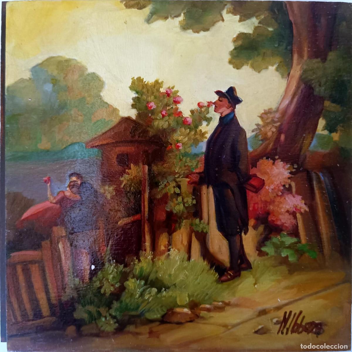 Arte: &Oacute;leo sobre tabla. Paisaje con figuras. M Cabezas. 20 x 20 cm