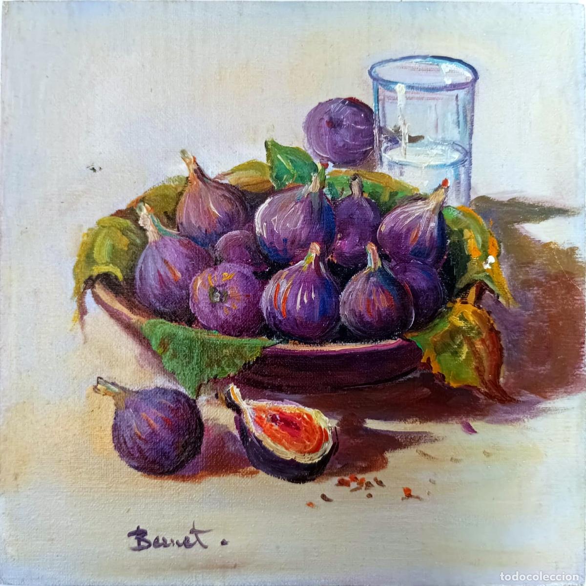 Arte: &Oacute;leo sobre tabla. Bodeg&oacute;n con higos y vaso de agua. Bernet. 20x20