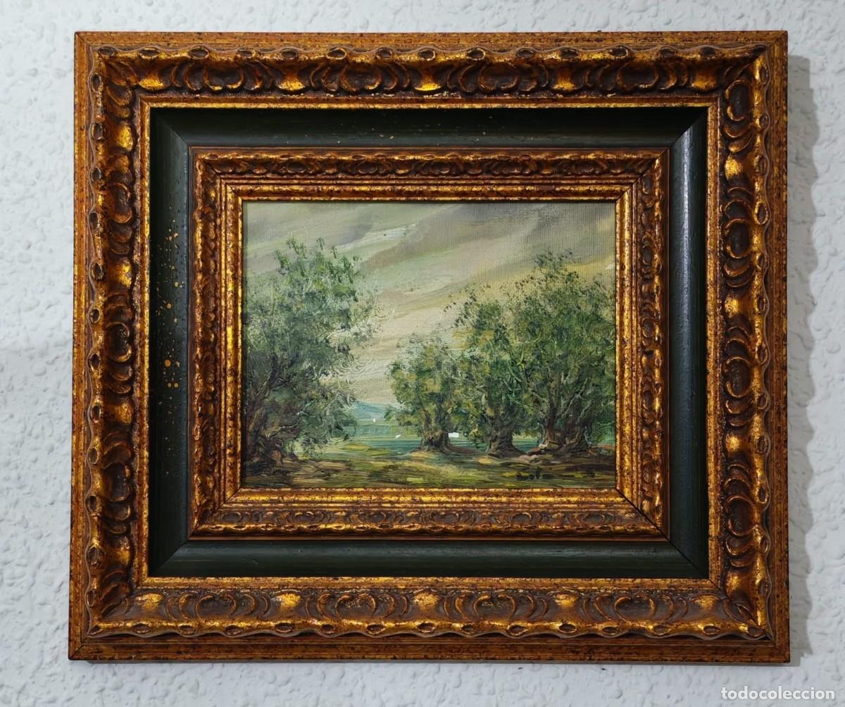 Arte: &Oacute;leo sobre lienzo - Paisaje rural con arboleda - Formato peque&ntilde;o - Medidas 33x29 cm