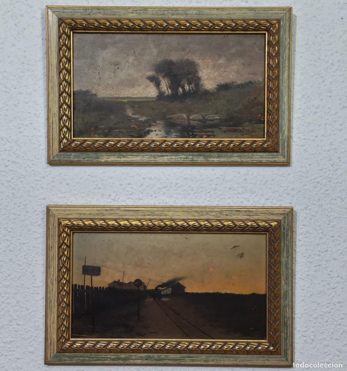 Arte: Pareja de &oacute;leos sobre lienzo - Paisajes r&uacute;sticos (Ferrocarril y Riachuelo) - Medidas 40x25 cm c/u