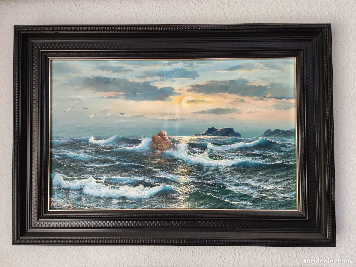 Arte: &Oacute;leo sobre lienzo - Marina al atardecer / Mar brava - An&oacute;nimo - Medidas 93x63 cm