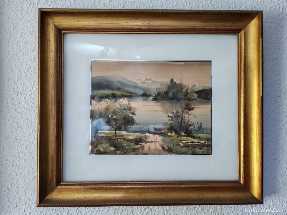 Arte: Acuarela sobre papel - Paisaje con lago y barca - Firmado J. Prieto Neal - Medidas 48x38 cm