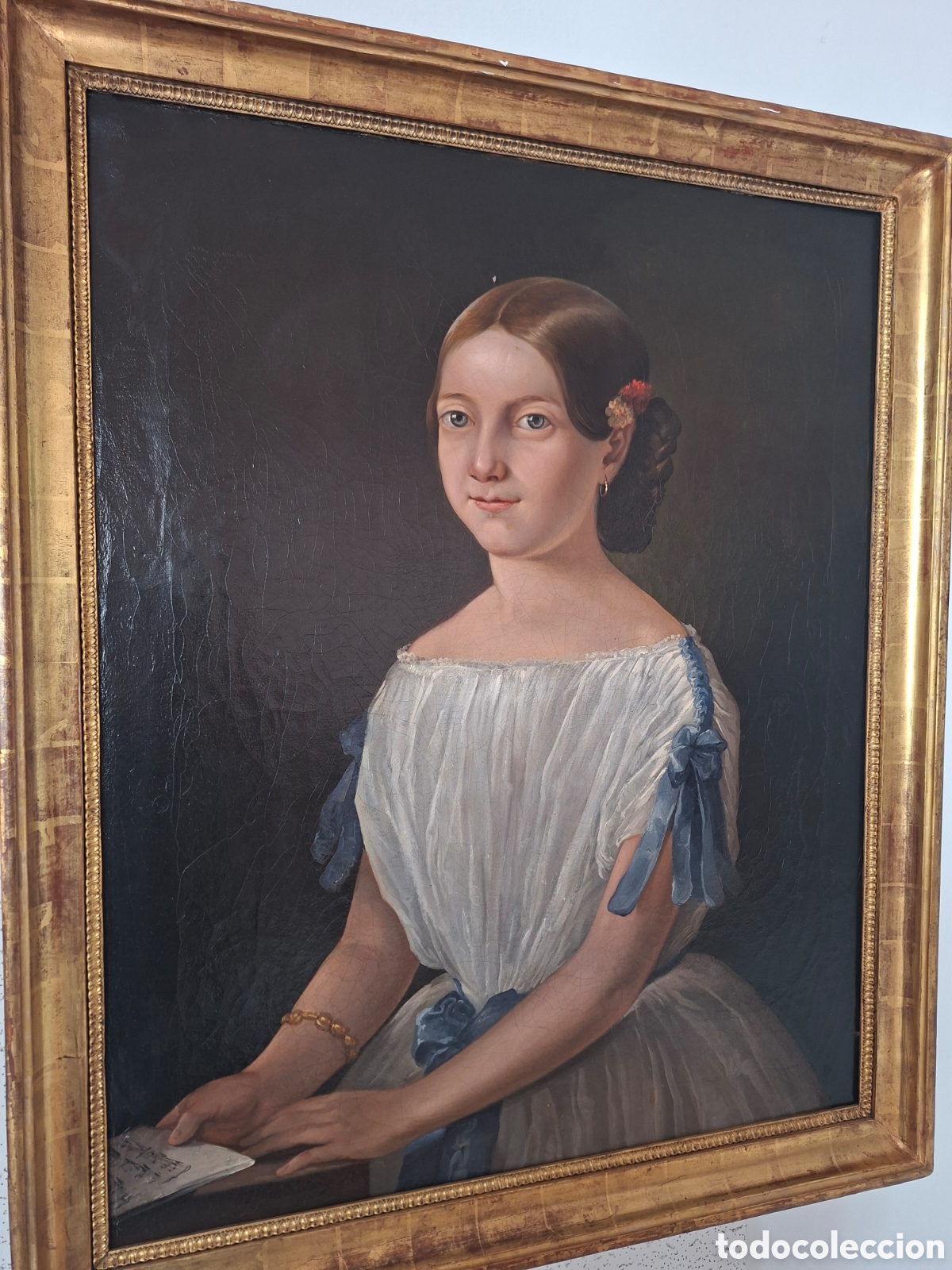 Kunst: Retrato Isabelino de Joven con Partitura &ndash; Escuela Espa&ntilde;ola, S. XIX c. 1845&ndash;1855