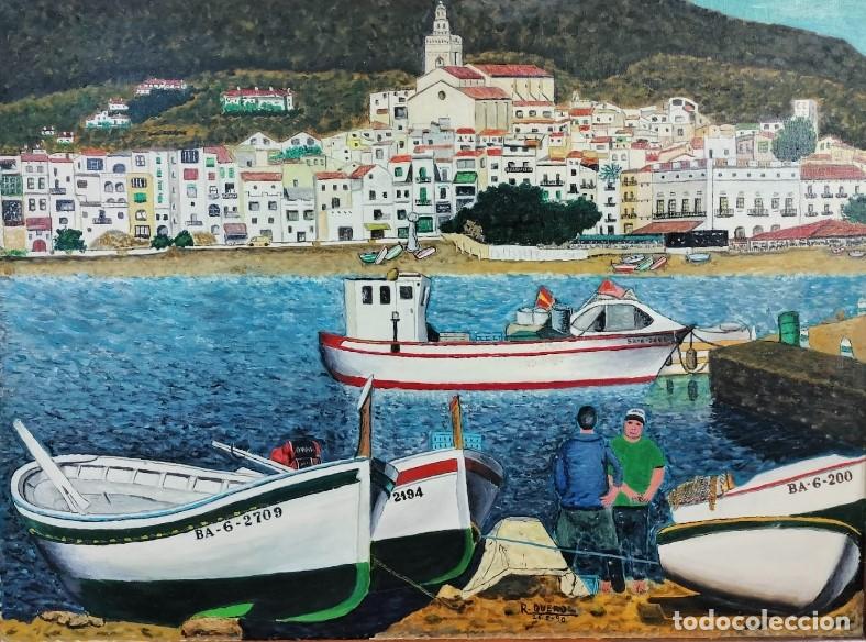 Arte: VISTA DE CADAQU&Eacute;S CON BARCAS DE PESCA. R. QUEROL. &Oacute;LEO SOBRE LIENZO. ESPA&Ntilde;A. 1990