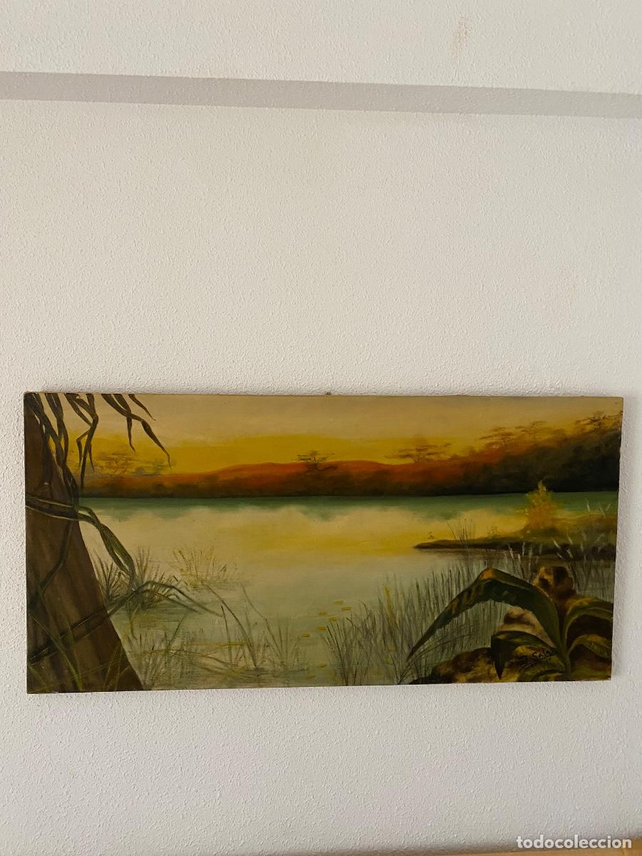 Arte: &Oacute;leo sobre lienzo - Paisaje fluvial al atardecer / marisma - Firmado J. Sala, 1965 (27-8-65)