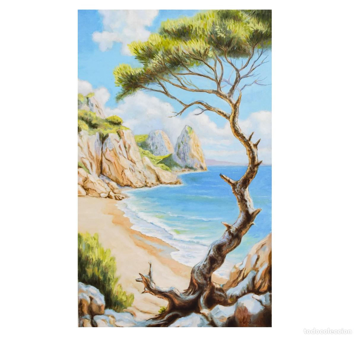 Arte: Playa pintada al &oacute;leo firmada por el autor. Mar al &oacute;leo firmado. Cuadro del mar al &oacute;leo. Paisaje mar