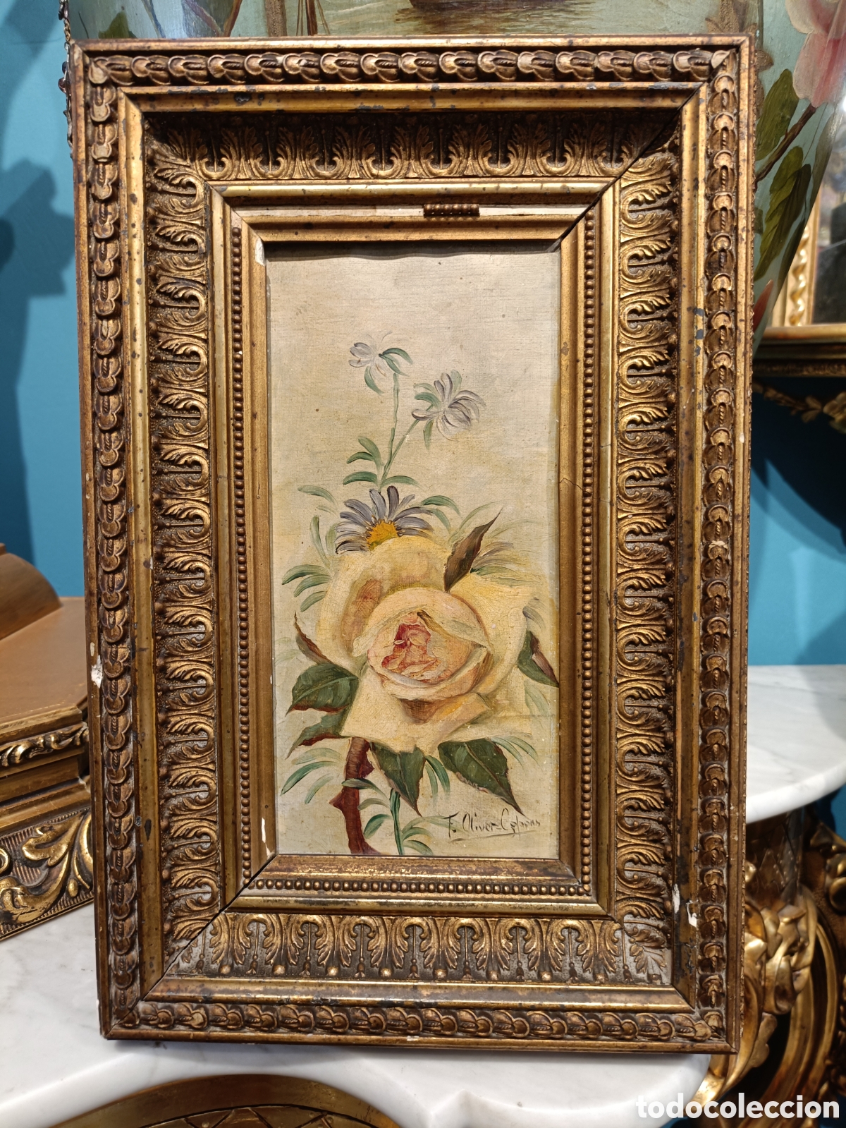 Arte: ANTIGUA PINTURA &Oacute;LEO SOBRE LIENZO FIRMADO F.OLIVER COLONS. 21x10CM DOLO LA OBRA. 33x22CM CON MARCO