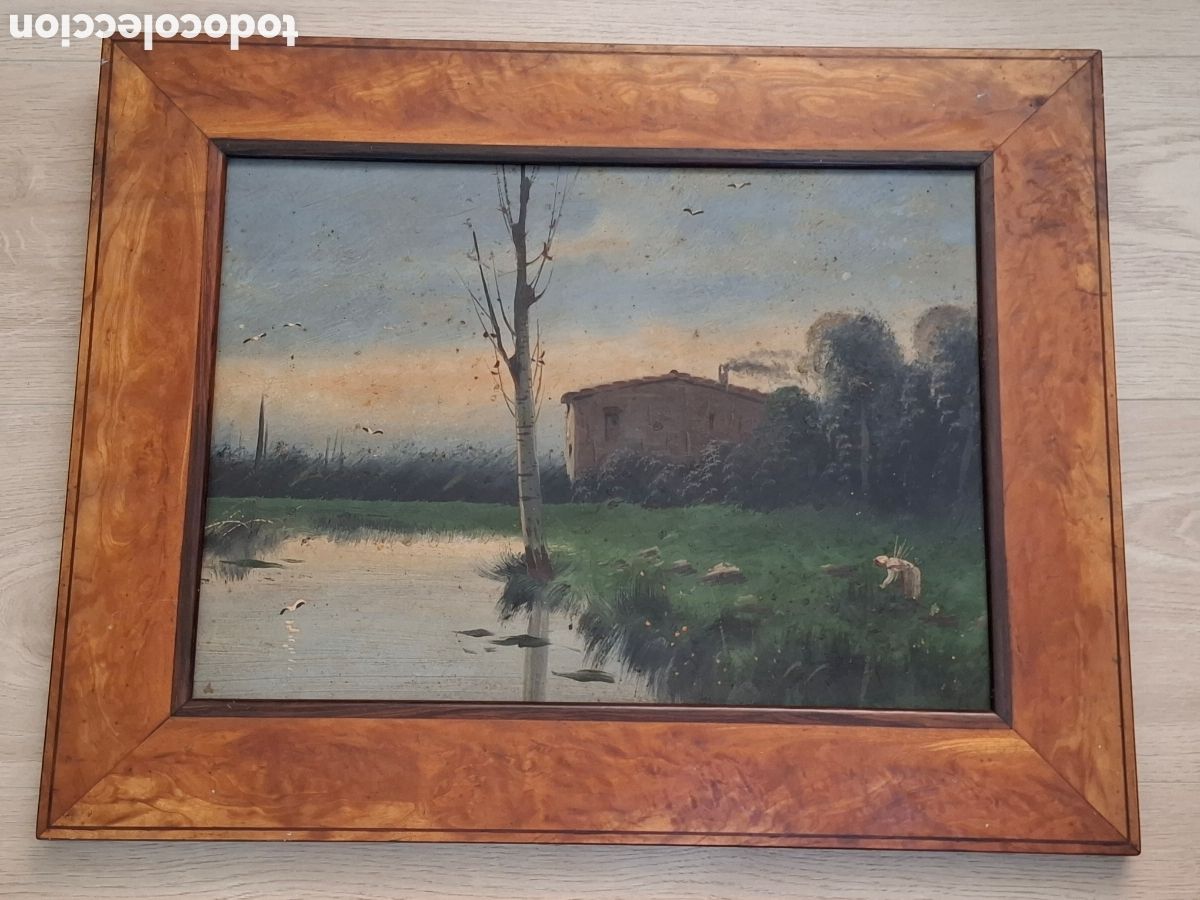 Arte: &Oacute;leo sobre cart&oacute;n con paisaje, posiblemente s. XIX, sin firmar, bonito marco antiguo