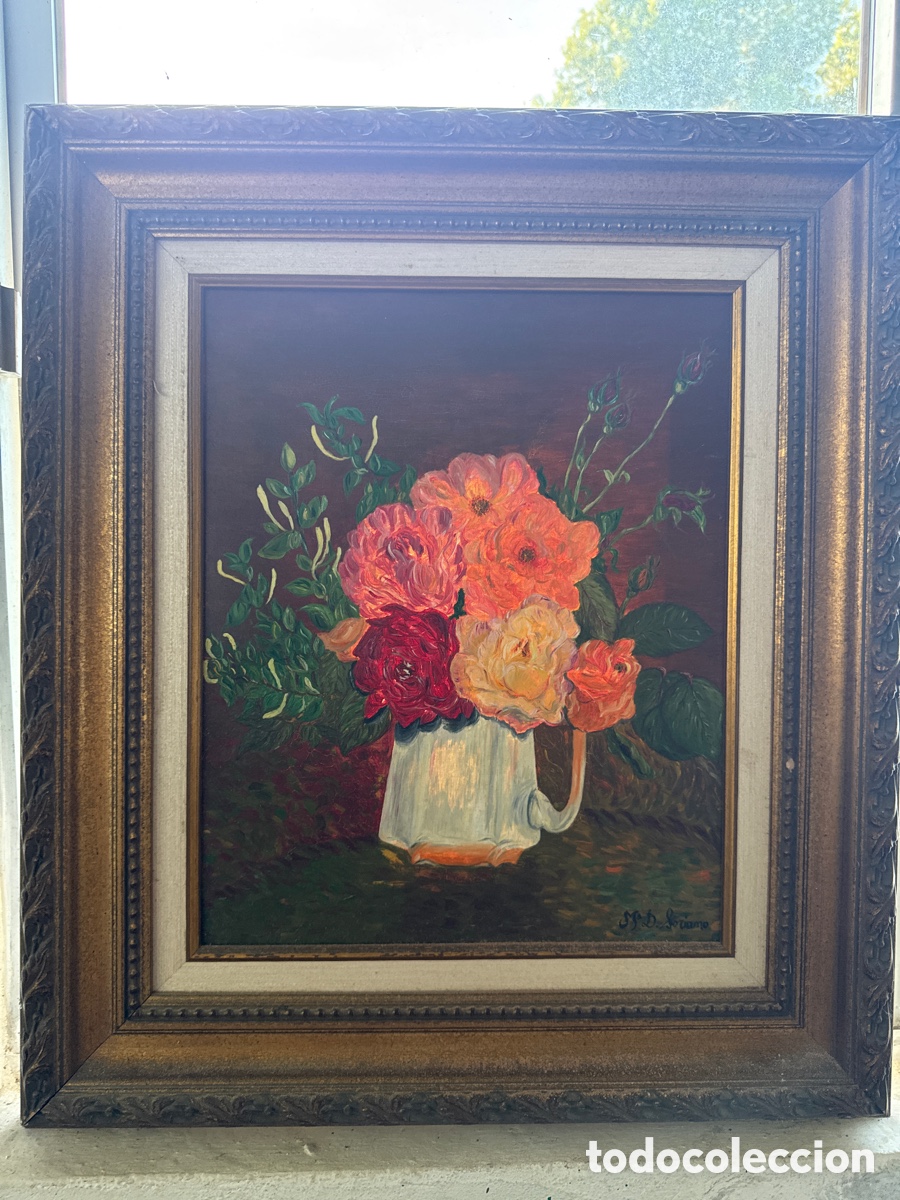 Arte: Cuadro de flores con marco antiguo y firmado
