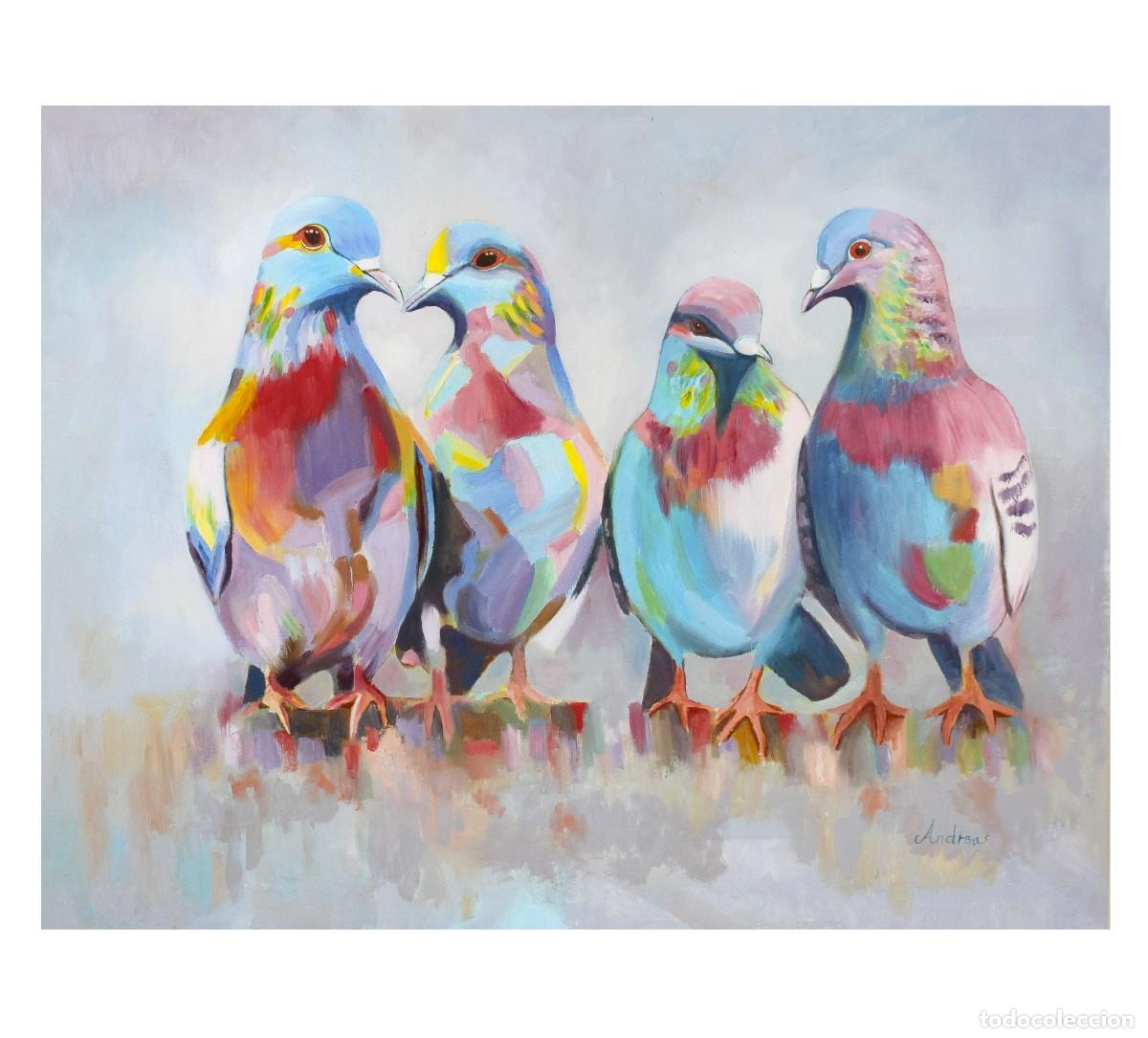 Arte: Pintura de palomas. Cuadro de palomas. Palomas al &oacute;leo. Pintura moderna estilo arte pop.