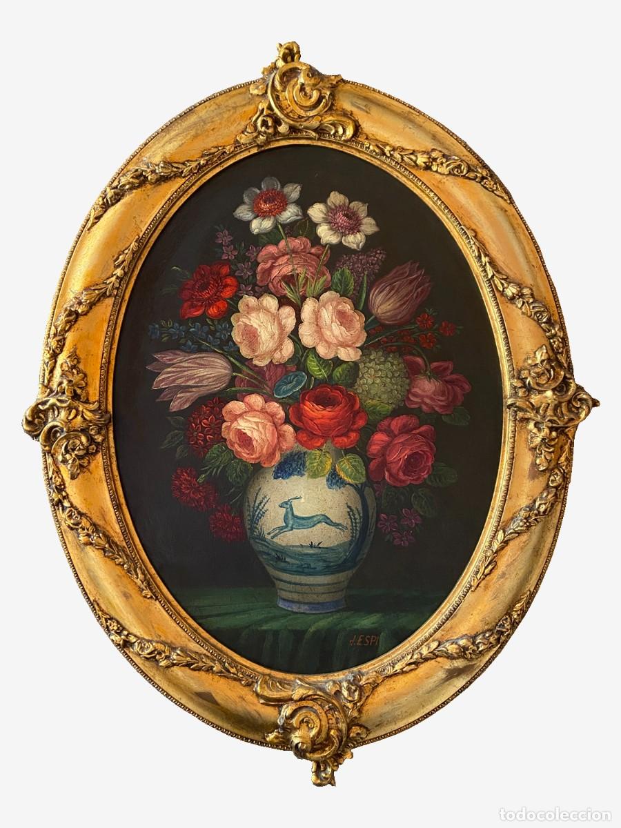 Arte: BODEG&Oacute;N CON FLORES en MARCO OVALADO ISABELINO. FIRMADO J. ESPI. Medidas 80 x 63 cm