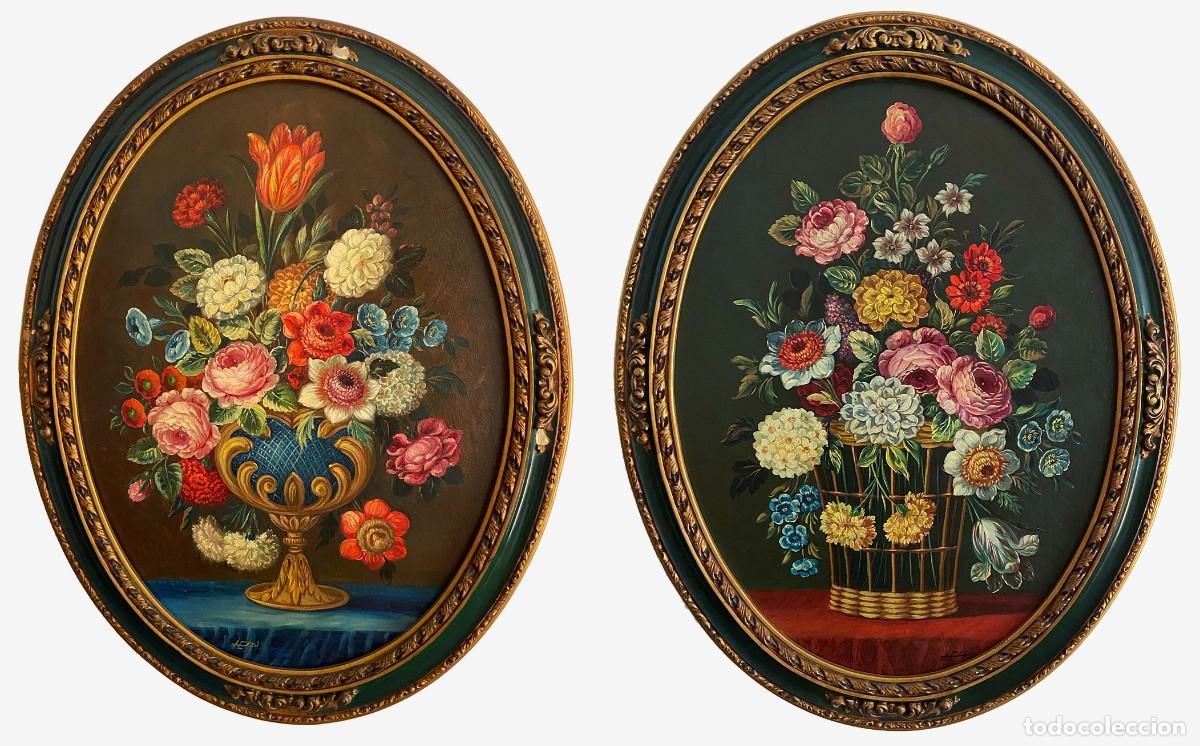Arte: PAREJA BODEGONES CON FLORES. MARCOS OVALADOS ISABELINOS. FIRMADOS J. ESPI. Med: 71 x 56 cm, unidad