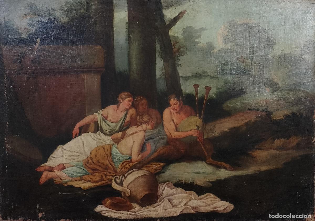 Arte: ESCENA MITOL&Oacute;GICA CON FAUNO. AN&Oacute;NIMO. ESCUELA CLASICISTA. &Oacute;LEO SOBRE LIENZO. ITALIA O FRANCIA. XVIII