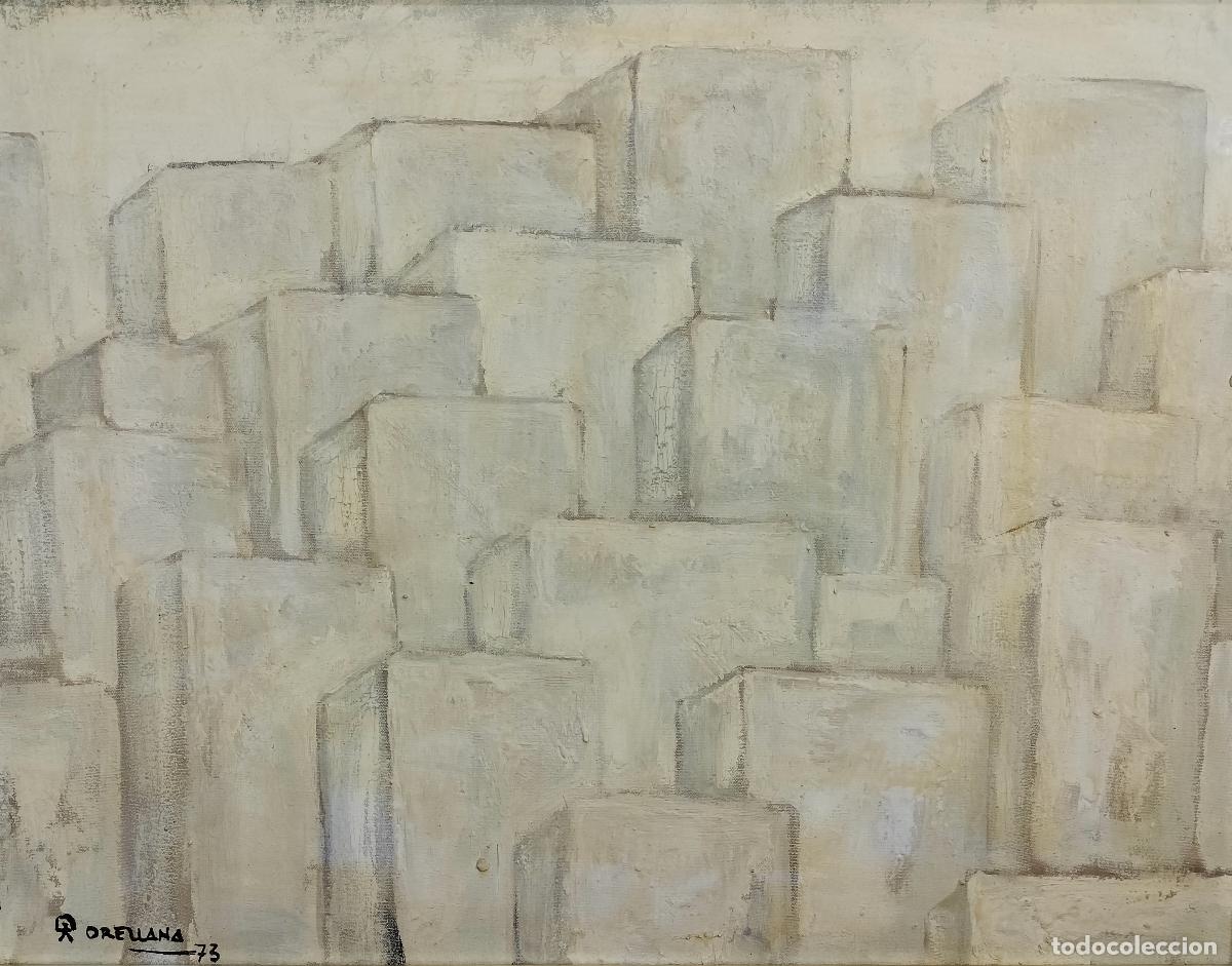Arte: COMPOSICI&Oacute;N ABSTRACTA CON BLOQUES. FIRMADO ORELLANA. &Oacute;LEO SOBRE LIENZO. ESPA&Ntilde;A. 1973
