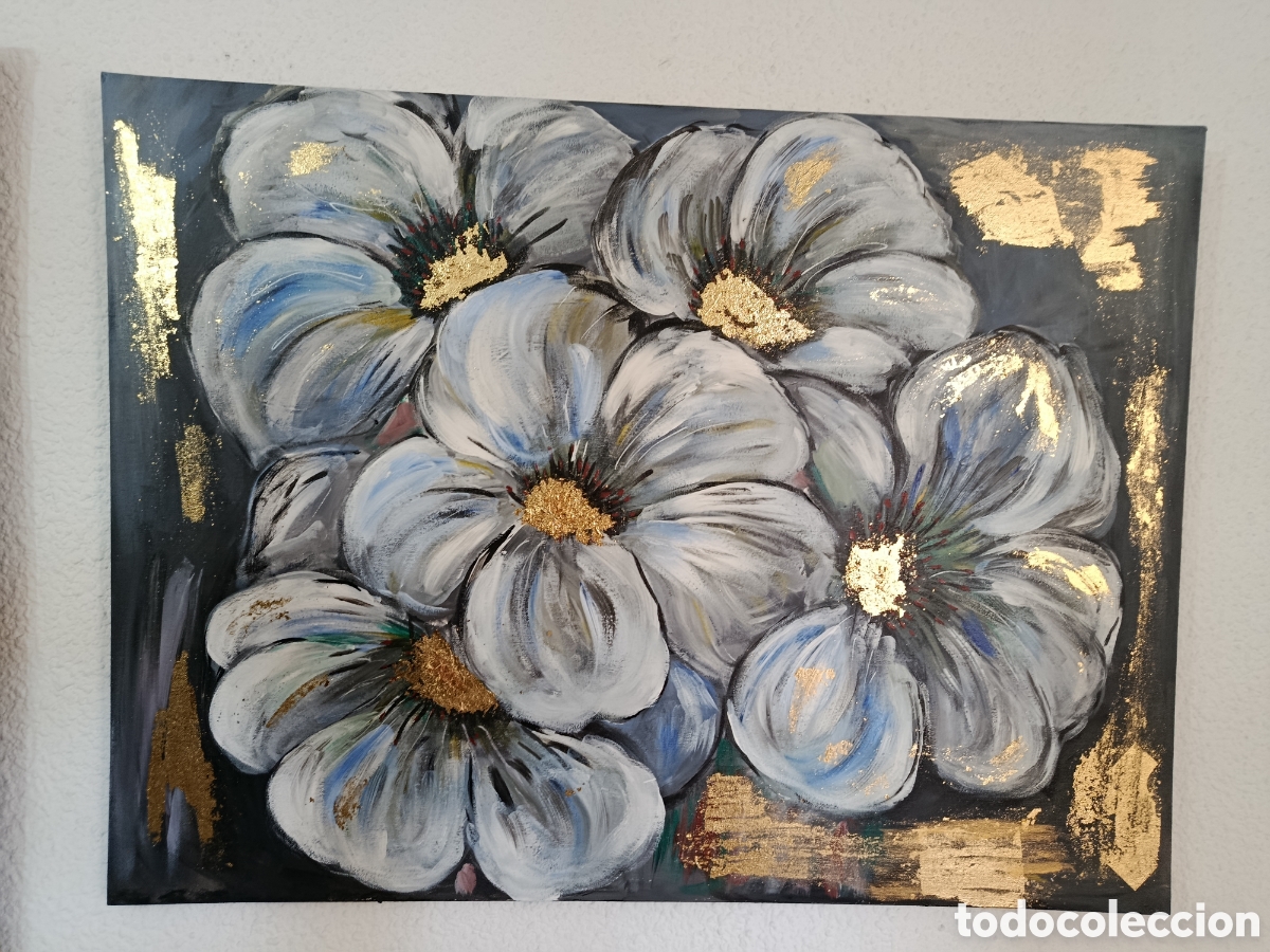 Arte: Cuadro floral original 60 x 80 cm &ndash; Flores en tonos gris azulado y pan de oro