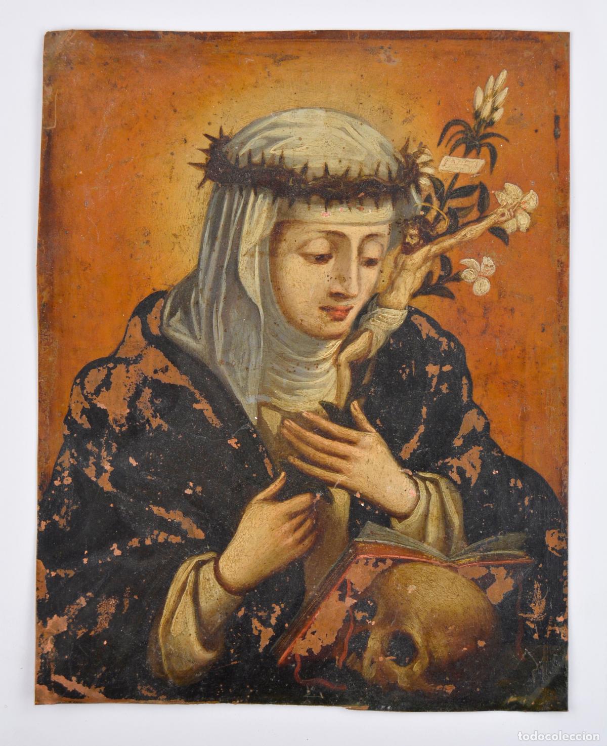 Arte: Santa Catalina de Siena, pintura sobre cobre, finales siglo XVII. 22x17cm