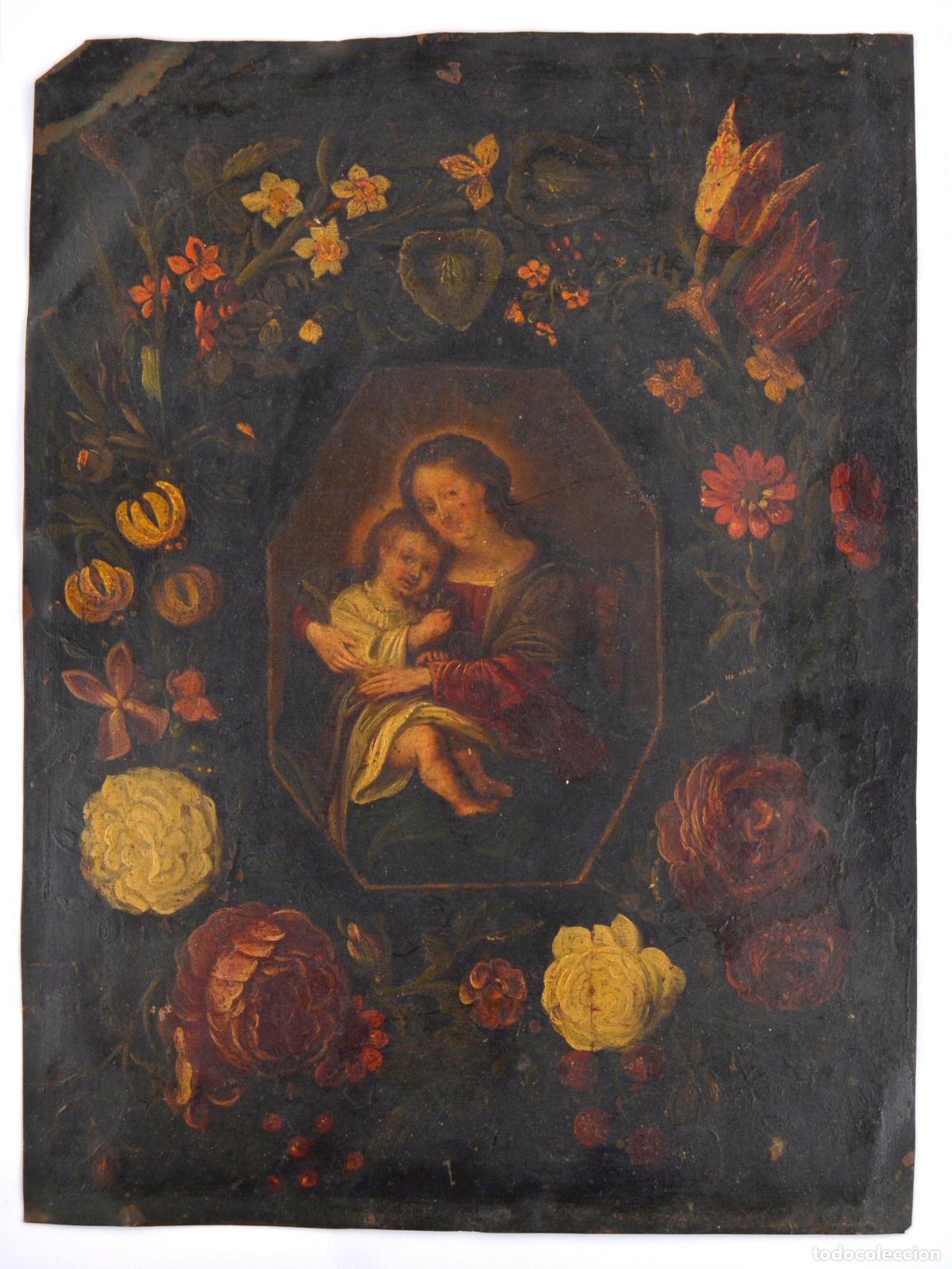 Arte: Virgen con ni&ntilde;o Jes&uacute;s en orla de flores, pintura sobre cobre, finales siglo XVII. 26,5x20cm