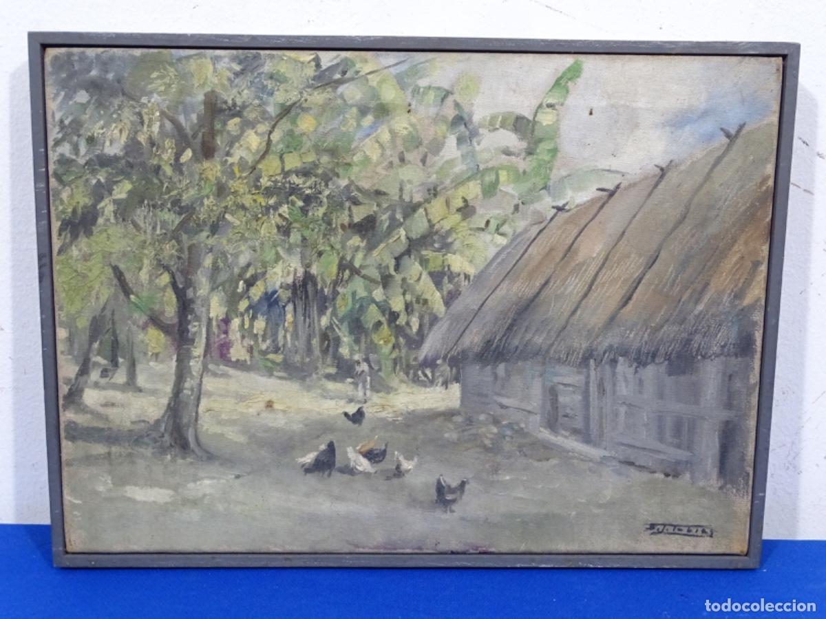 Kunst: &Oacute;LEO SOBRE TELA BUEN TRAZO. AUTOR POR IDENTIFICAR. GALLINAS COMIENDO.