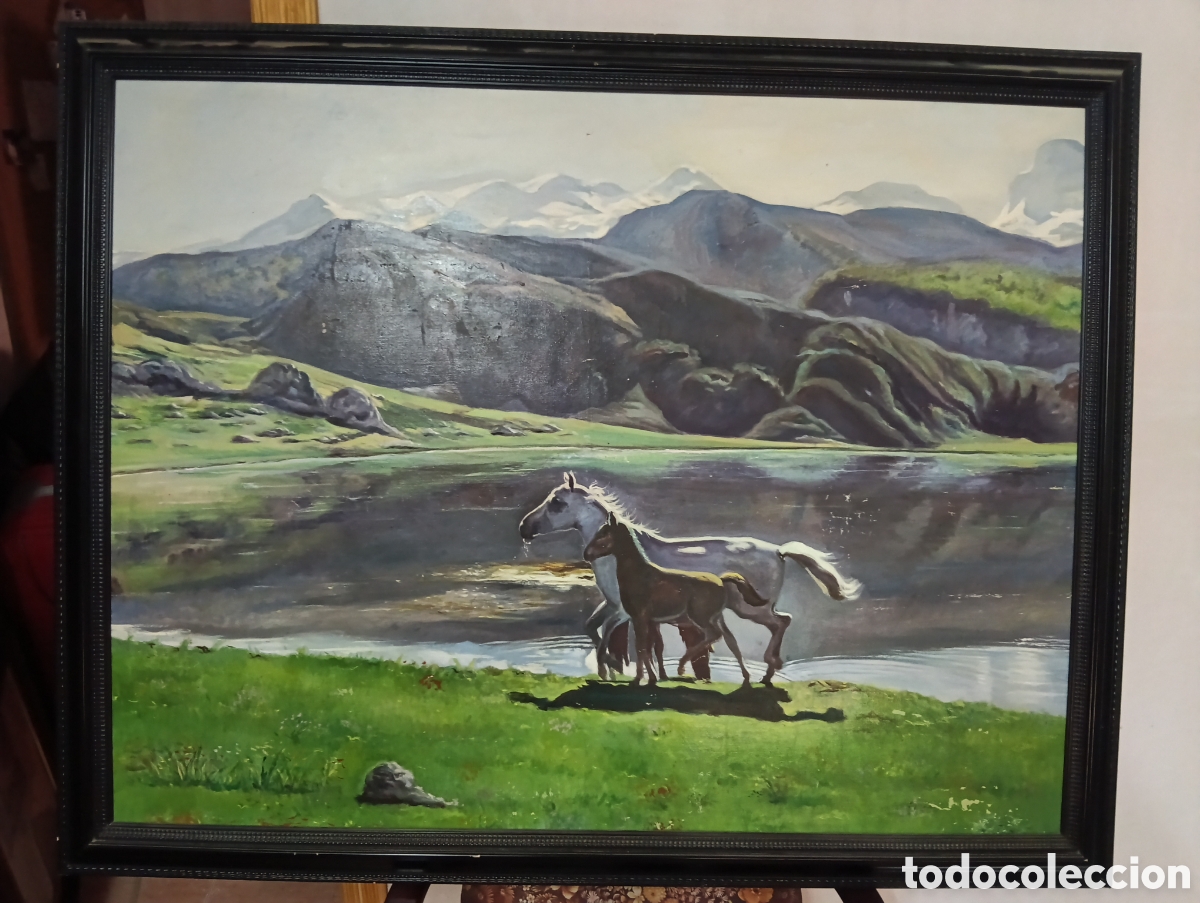 Arte: Cuadro Pintado Sobre Lienzo. Caballos en Monta&ntilde;a. Medidas 128x103