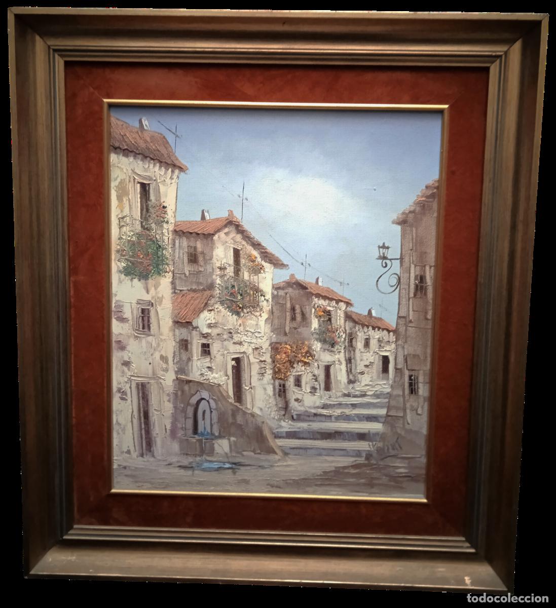 Arte: Vista de pueblo rural. &Oacute;leo. Firmado Vicent.