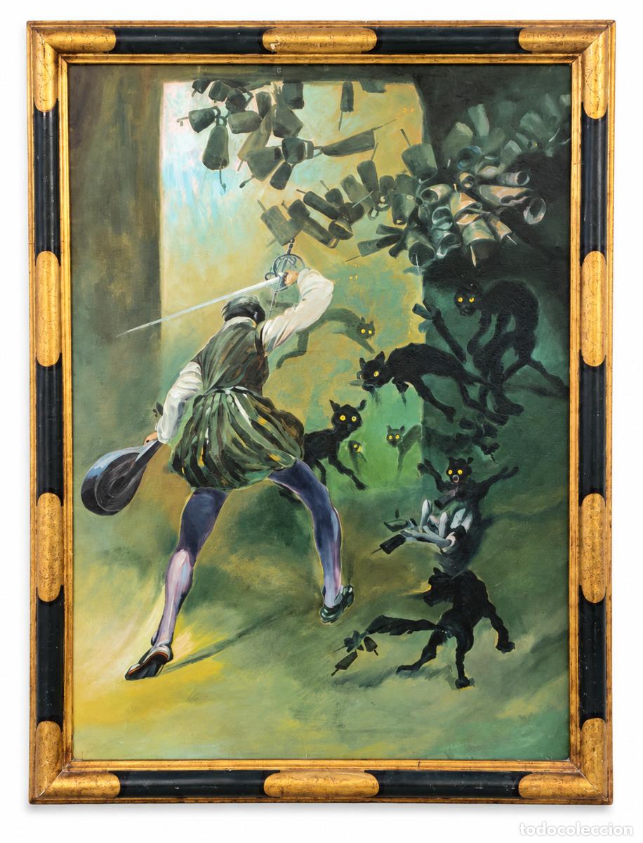 Arte: DON QUIJOTE LUCHANDO CONTRA CENCERROS Y GATOS NEGROS - OLEO- ANONIMO - 1,12 X 78,5 CM