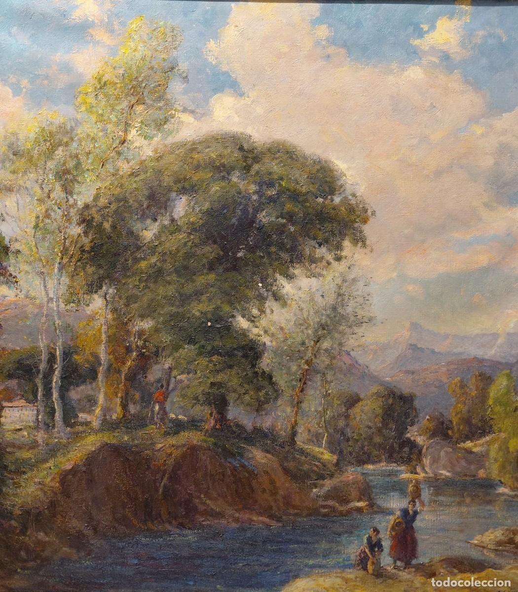 Kunst: Joan Colom (1879-1964). Paisaje fluvial con dos mujeres. &Oacute;leo sobre lienzo.