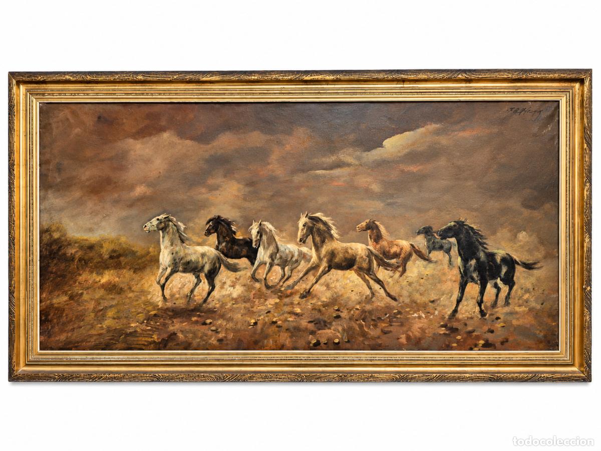 Kunst: Pintura al &Oacute;leo sobre Tela - Manada de Caballos Galopando en Libertad - Firmado