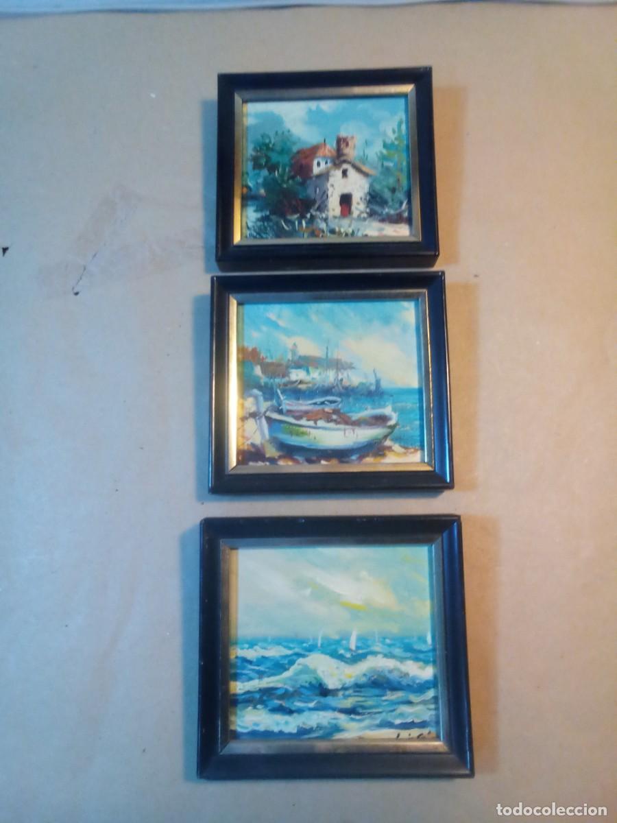 Arte: TRES PEQUE&Ntilde;OS &Oacute;LEOS SOBRE TABLA DE MADERA Y TELA
