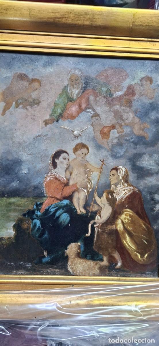 Arte: Antiguo &oacute;leo sobre lienzo &ndash; Sagrada Familia inspirada en Murillo &ndash; principios s. XX &ndash; 40 &times; 32 cm