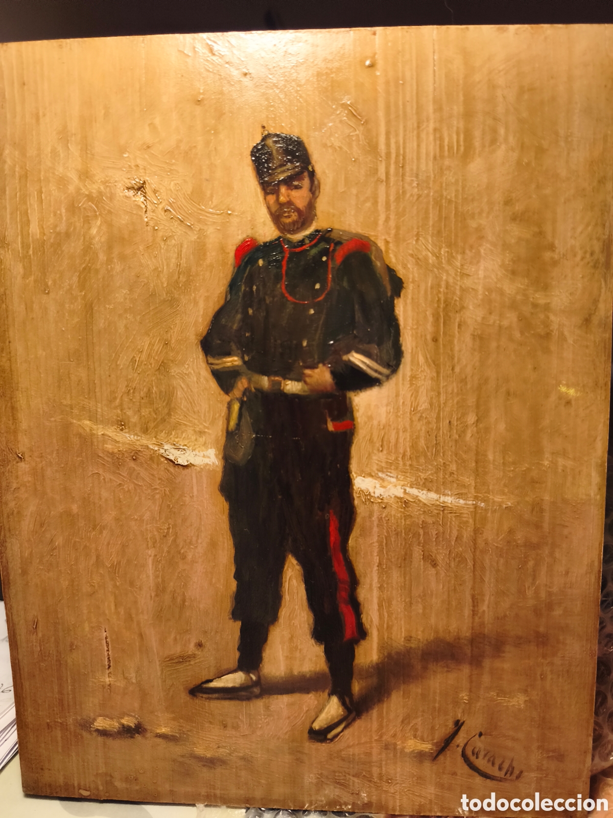 Arte: Retrato de militar de infanter&iacute;a de pie. Firmado &rdquo;J.Cusachs&rdquo;