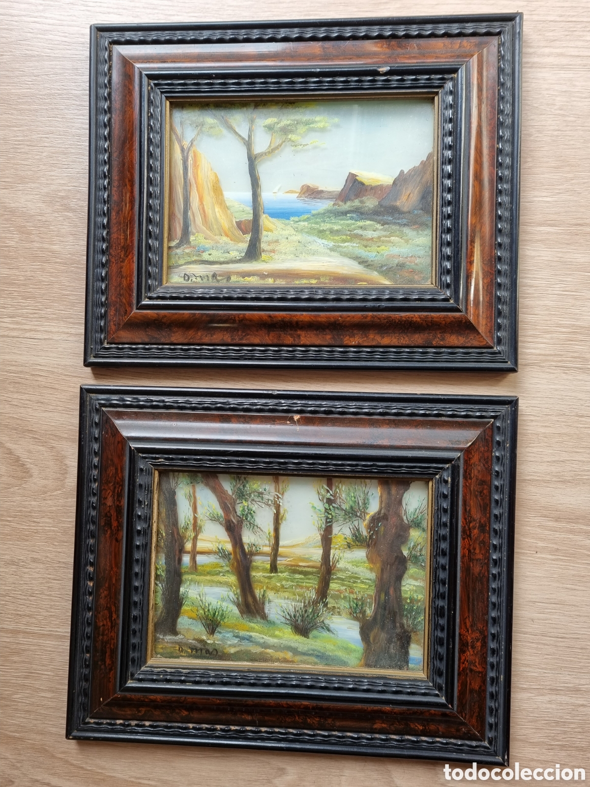 Arte: &Oacute;leos sobre cristal y lienzo. Firmados. Moldura preciosa por ebanista. 27x22 cm. Paisajes. 2 fondos.