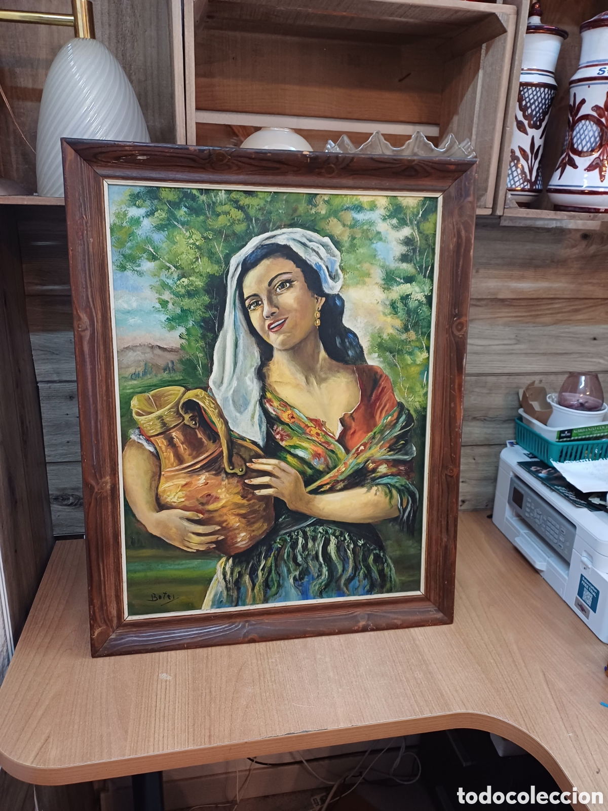 Arte: PINTURA AL OLEO SOBRE TELA, MUJER CON CANTARO, MUY ANTIGUO