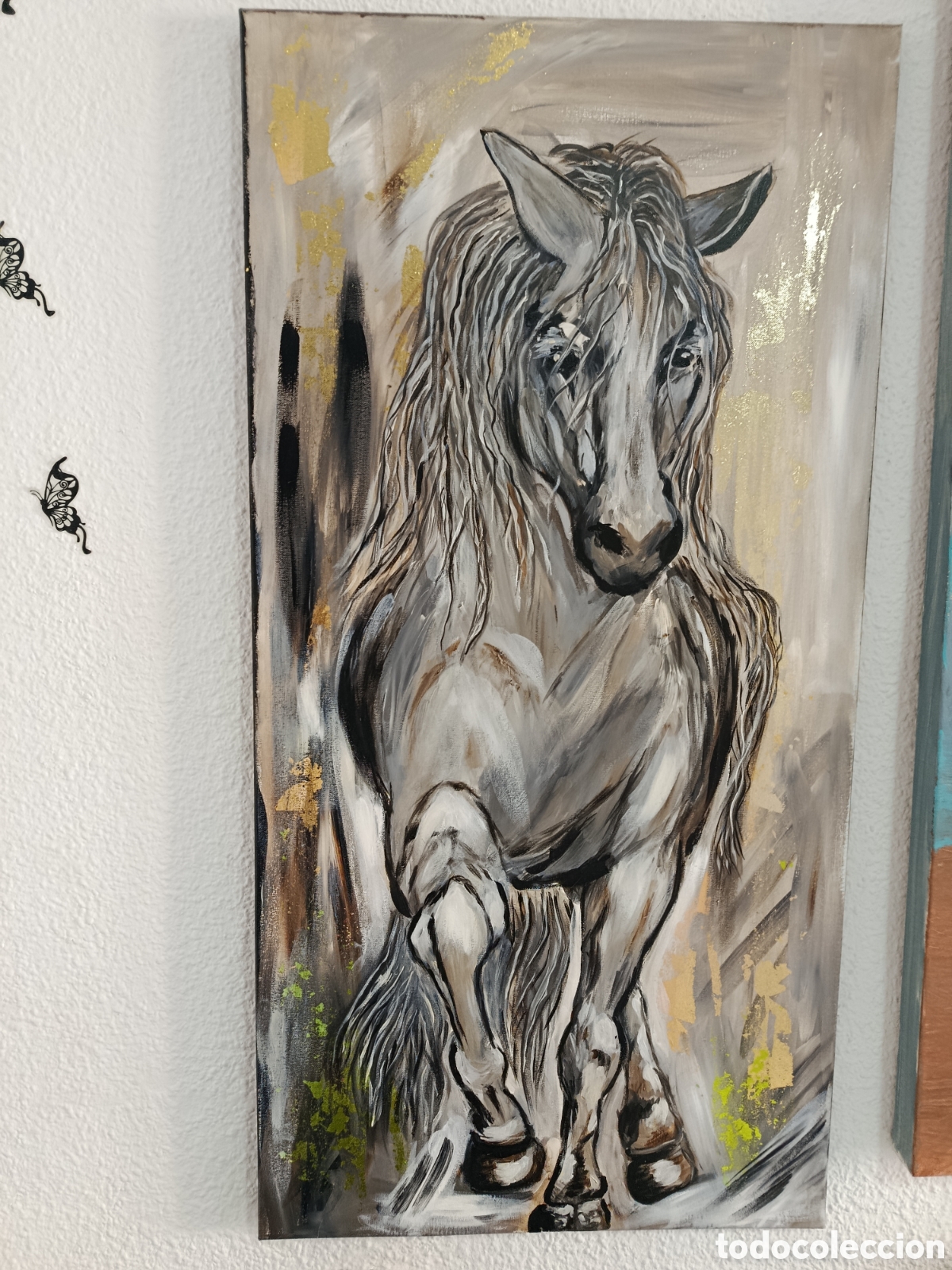 Arte: Cuadro Caballo Acr&iacute;lico 100x70 cm Pan de Oro Pintado a Mano Original