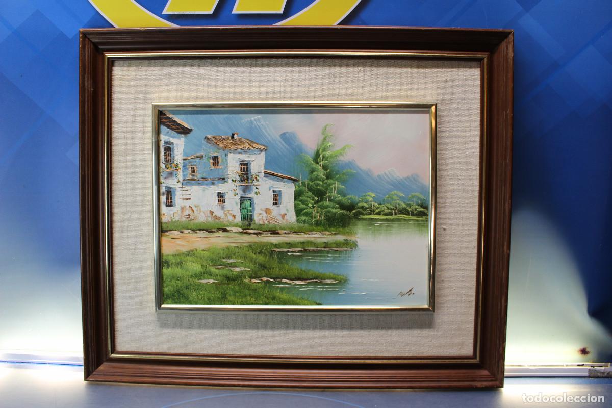 Arte: 25. &Oacute;leo sobre tabla. Paisaje con casa rural. Firmado.