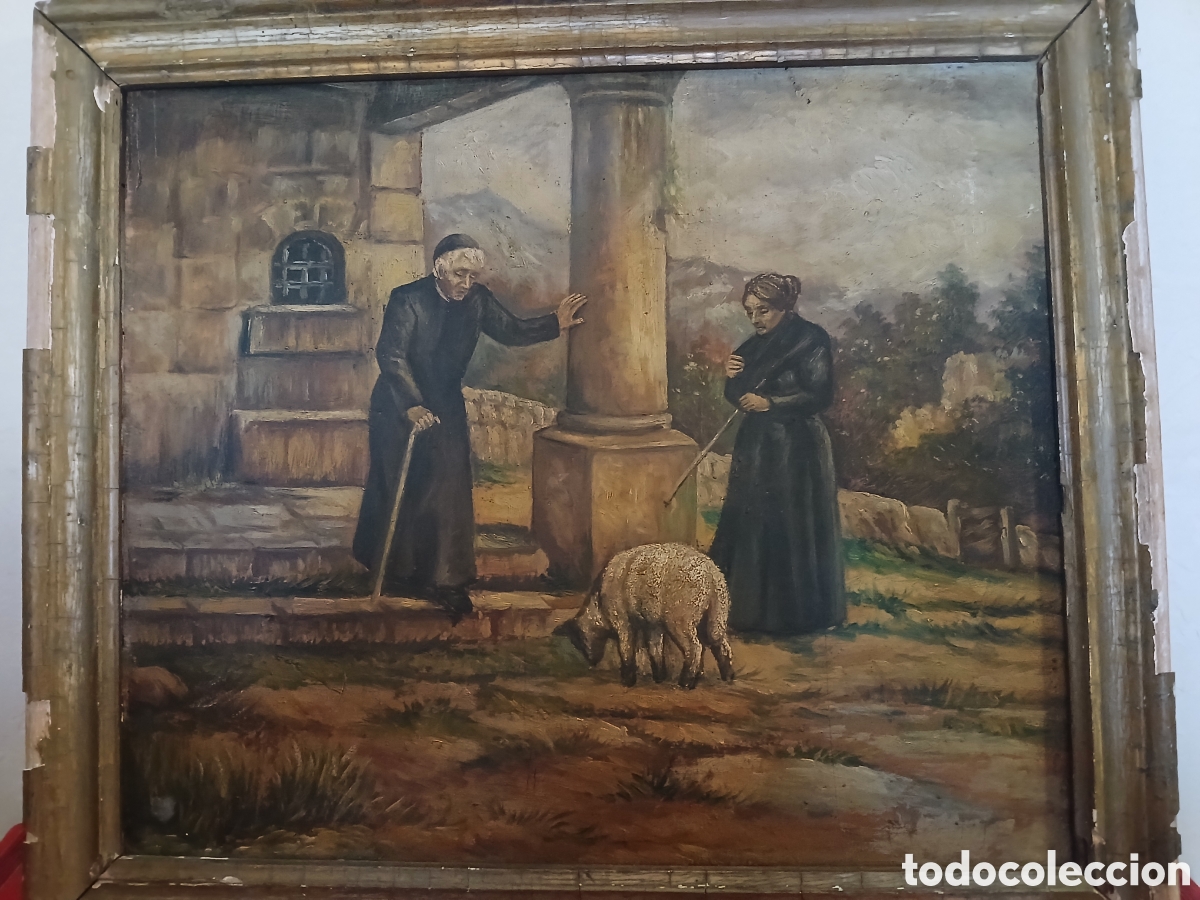 Arte: Ancianos y oveja. &Oacute;leo sobre tabla ,marco madera estucada dorado oro viejo. An&oacute;nimo