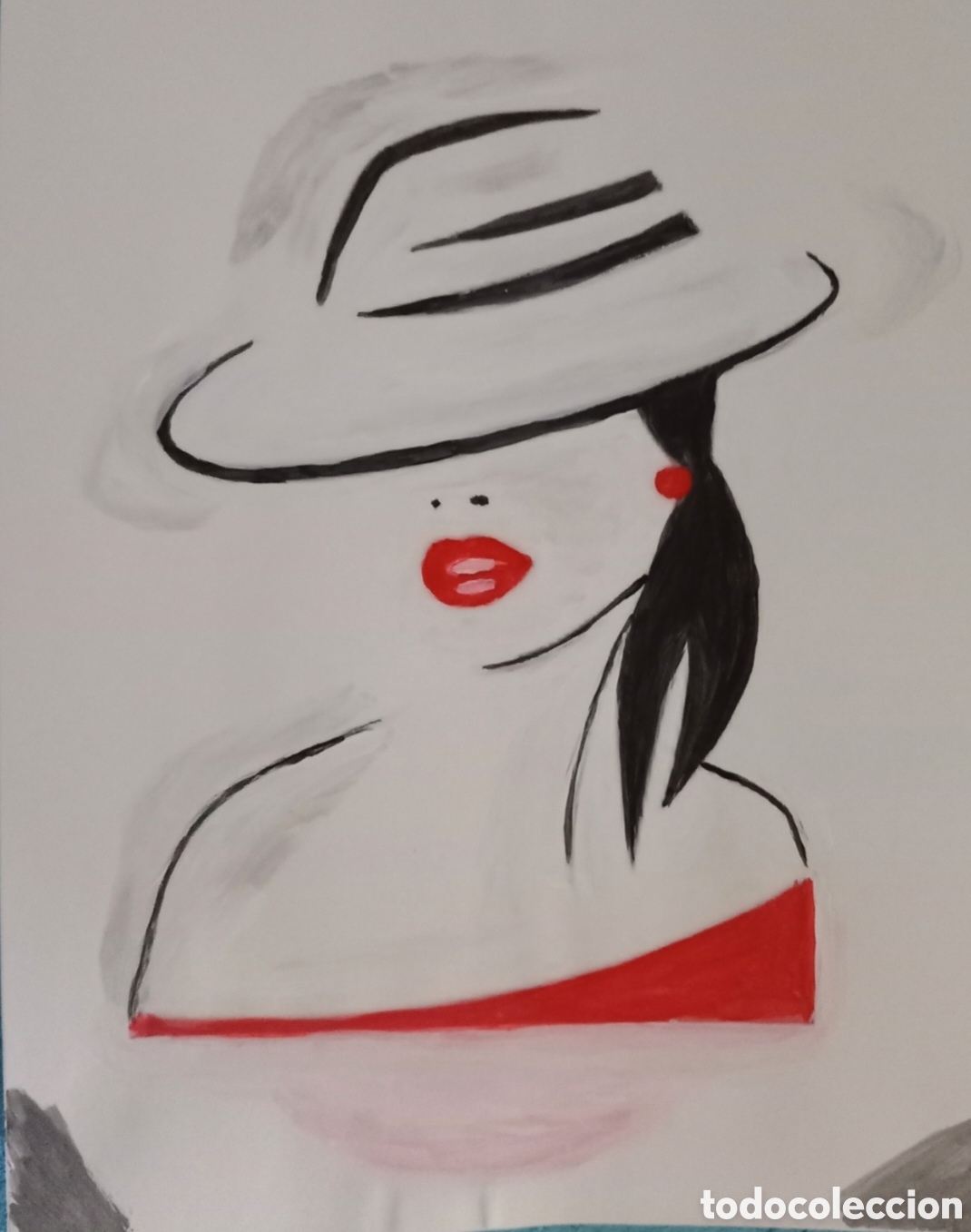 Arte: Mujer con sombrero trazos (18) acuarela sobre papel doble 29,6cm x 21cm. Muy bonita