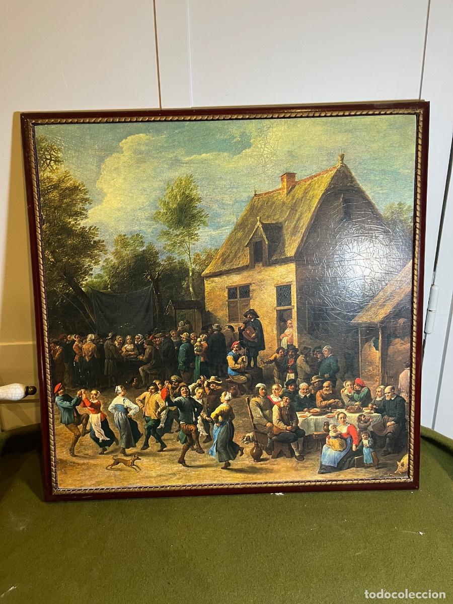 Arte: David Teniers II &rdquo;Fiesta Aldeana&rdquo; &ndash; Litograf&iacute;a sobre tabla con efecto craquelado &ndash; Marco de madera
