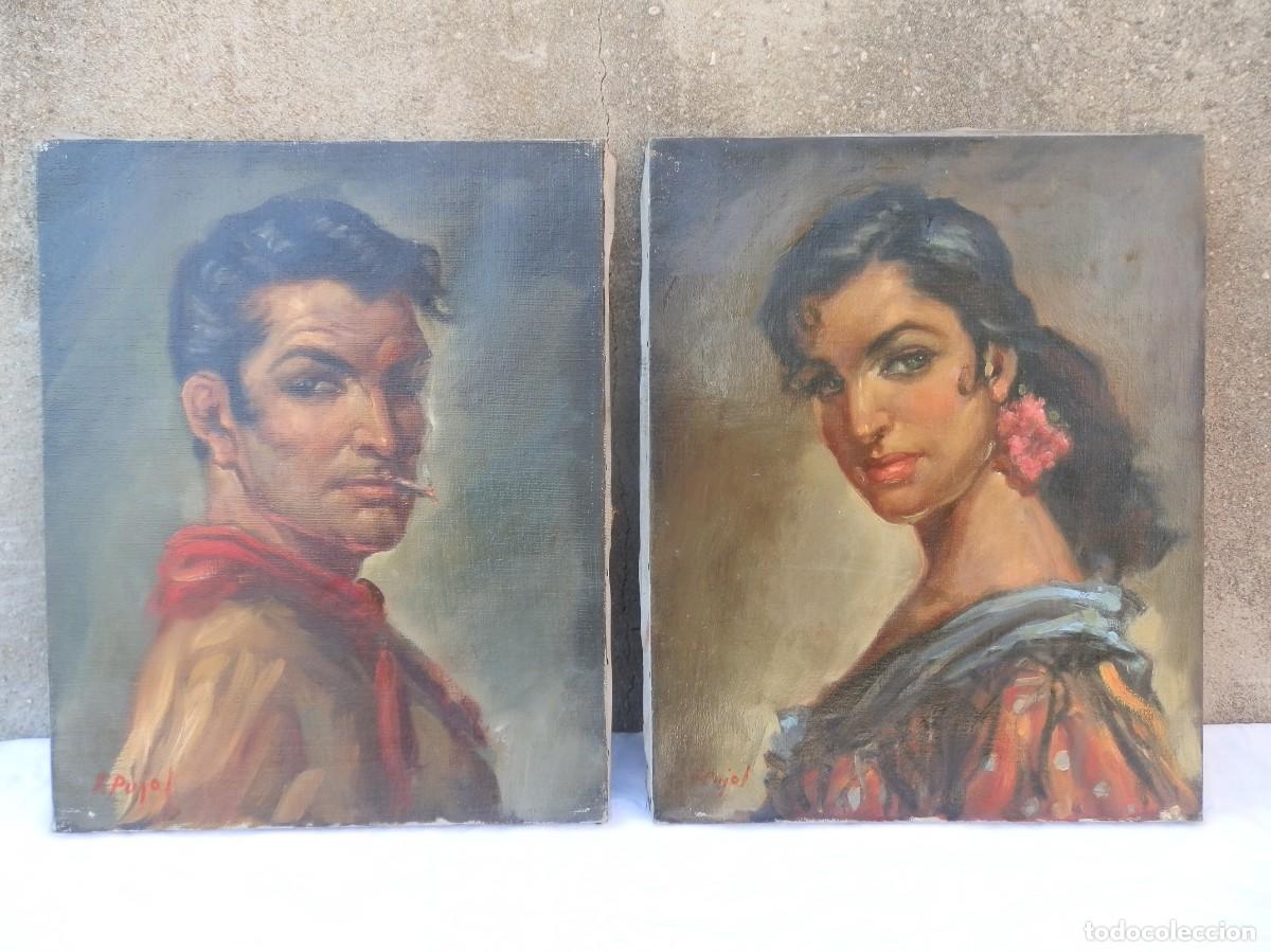 Arte: 2 &Oacute;leos sobre lienzo estilo figurativo retrato de pareja de gitanos de mediados del siglo XX.